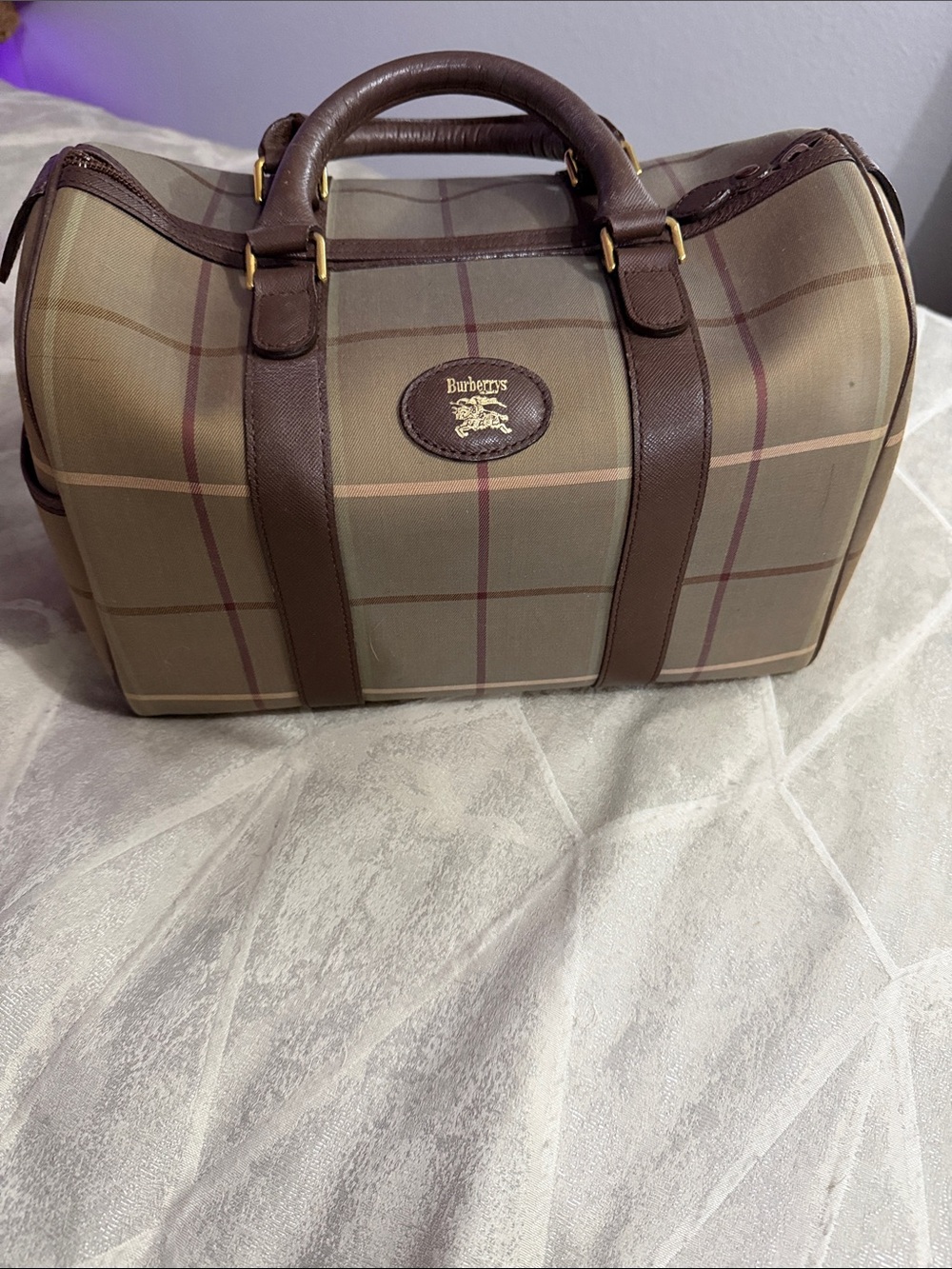 Burberry Taupe Plaid Duffel with Brown Leather Trim
